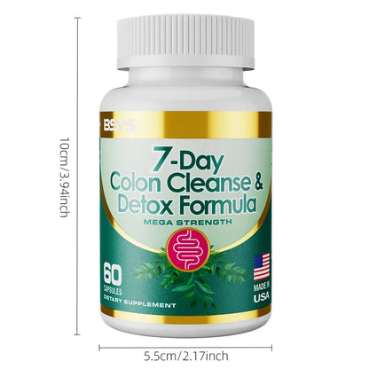 Bottle of 7-Day Colon Cleanse & Detox Formula with dimensions on a white background