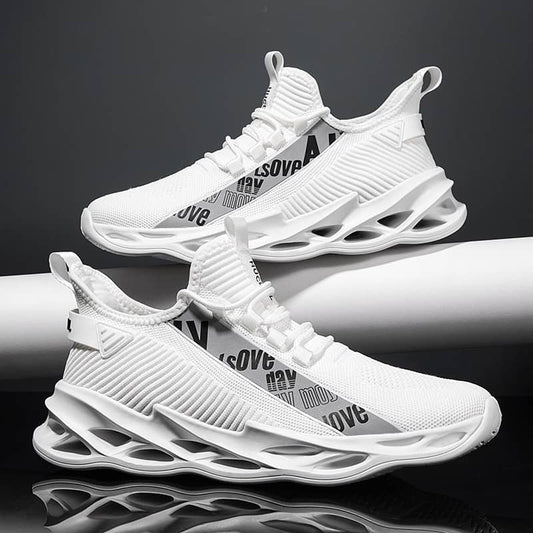 White athletic shoes with text on a dark background