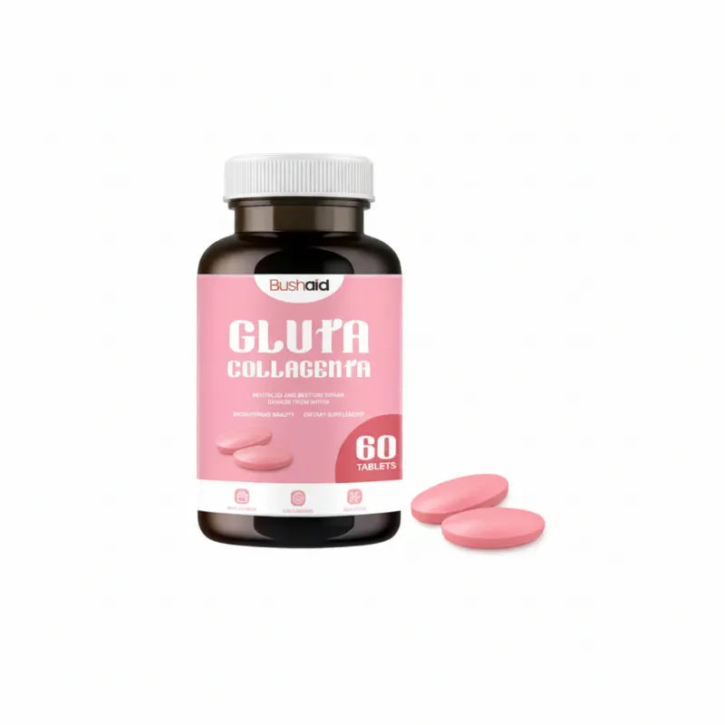 A bottle of Bushaid Gluta Collagena tablets with a pink label and white cap, shown on a white background with three pink tablets beside it.