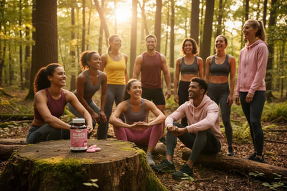 A group of eight fitness enthusiasts in athletic wear gather around a mossy tree stump in a sunlit forest. 