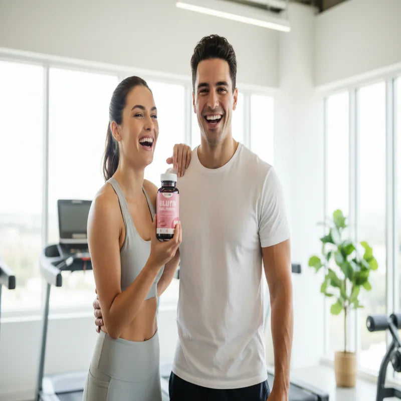 A smiling man and woman in a bright gym setting, with the woman holding up a pink bottle of supplements. The man is wearing a white t-shirt and the woman is in a light gray sports bra and leggings.