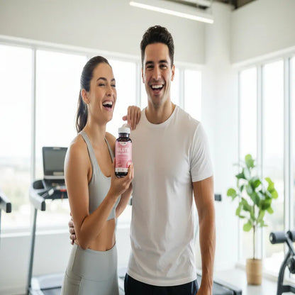 A smiling man and woman in a bright gym setting, with the woman holding up a pink bottle of supplements. The man is wearing a white t-shirt and the woman is in a light gray sports bra and leggings.