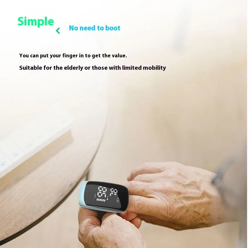 Elderly person using fingertip pulse oximeter on hand, easy digital health monitor