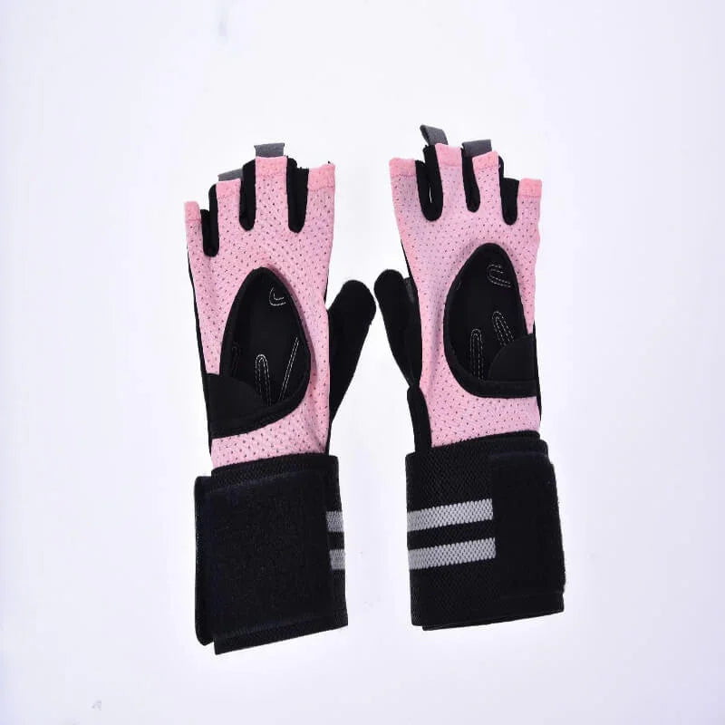 Pair of pink and black gloves on a white background