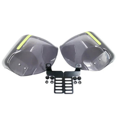 Pair of smoke-tinted bike handguards with yellow accents and black mounting hardware
