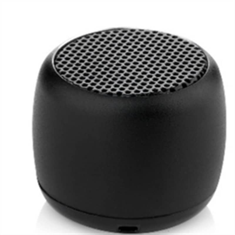 Black portable speaker with mesh design on a white background