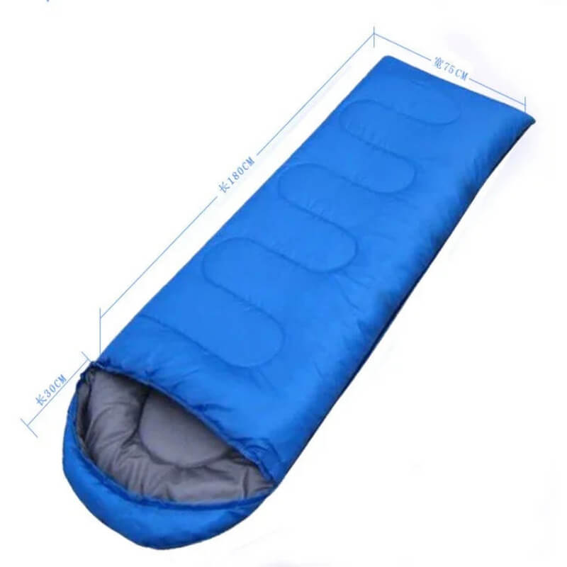 Blue outdoor sleeping bag with dimensions for camping and hiking