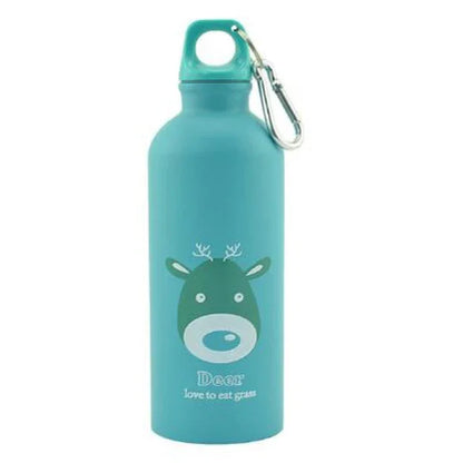Blue fitness water bottle with deer illustration, metal carabiner, and motivational text