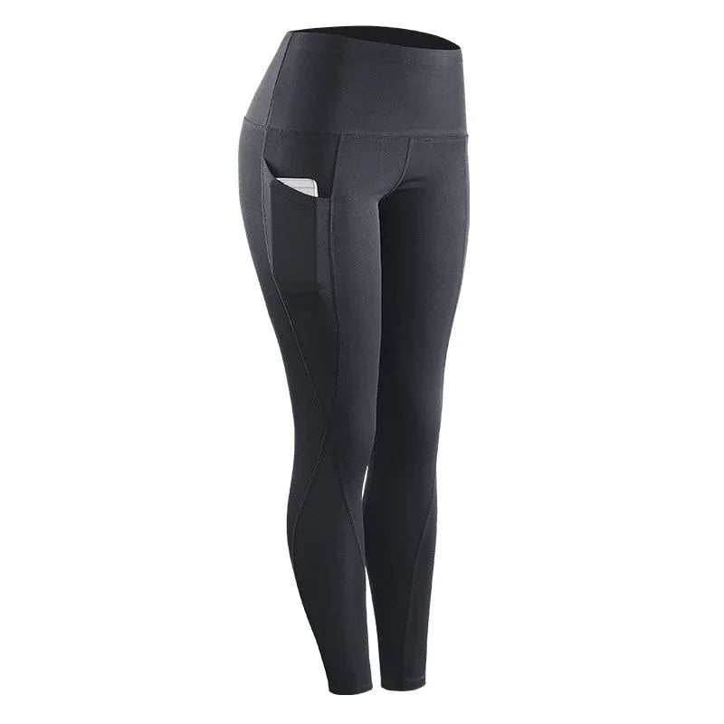 Black high-waisted workout leggings with side phone pocket for fitness and active outdoor use