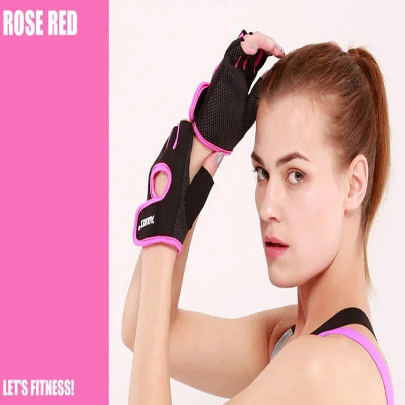Woman wearing black and pink fitness gloves with a pink background and text.