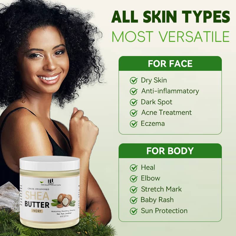 Woman with a jar of shea butter and text highlighting its versatility for skin types.