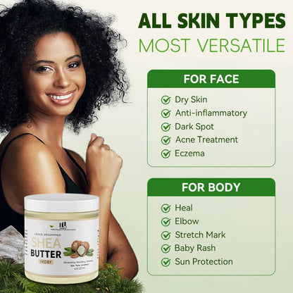 Woman with a jar of shea butter and text highlighting its versatility for skin types.