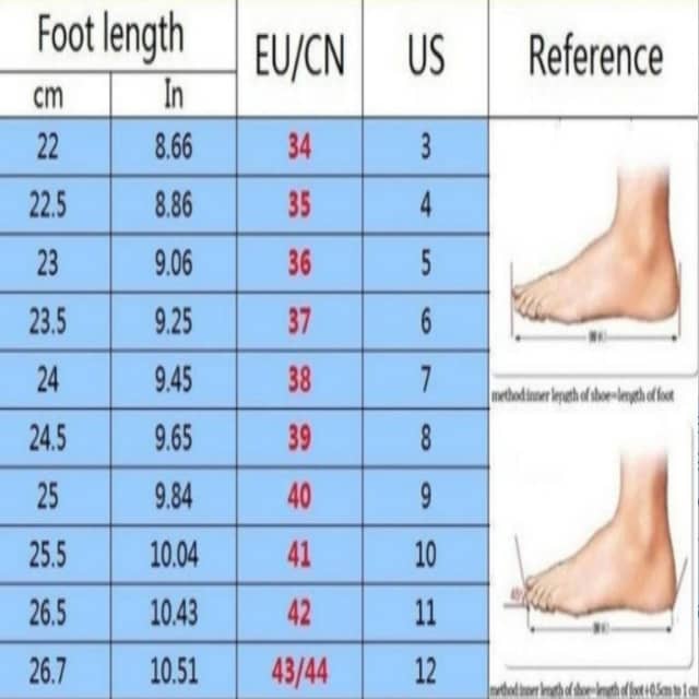 Foot length measurement chart comparing centimeters, inches, EU/Chinese sizes, and US sizes with a foot illustration.
