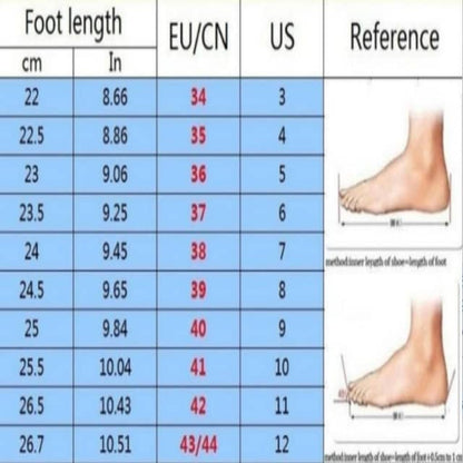 Foot length measurement chart comparing centimeters, inches, EU/Chinese sizes, and US sizes with a foot illustration.