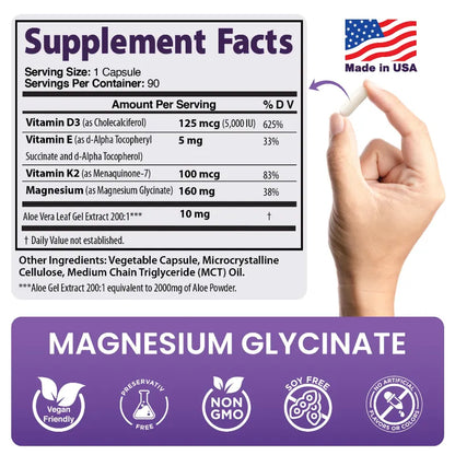 A hand holding a white capsule next to a printed supplement facts label for Magnesium Glycinate. The label lists ingredients and nutrients, with a purple 'MAGNESIUM GLYCINATE' banner and icons at the bottom.