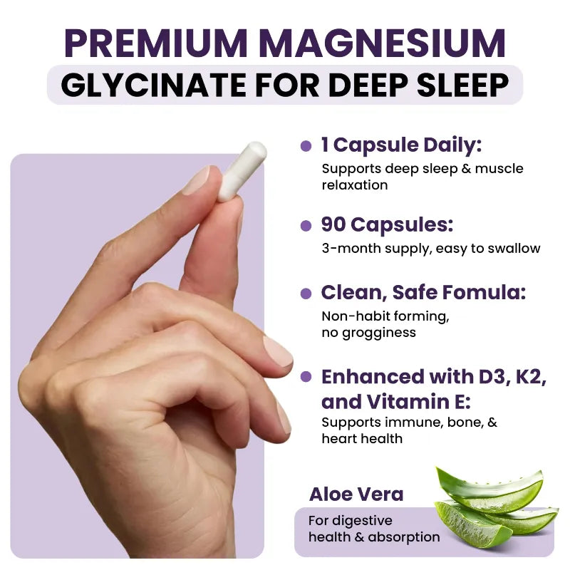 Hand holding a capsule with information about premium magnesium glycinate for deep sleep on a light purple background.
