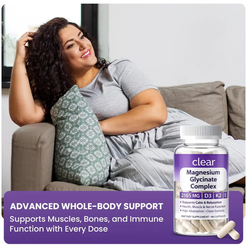 A woman relaxes on a couch in a living room while a bottle of clear Magnesium Glycinate Complex dietary supplements is shown in the foreground with capsules beside it and promotional text at the bottom.