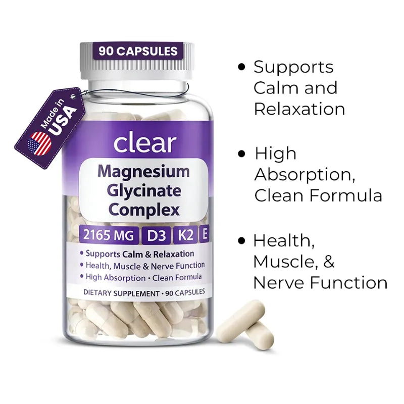 Bottle of Clear Magnesium Glycinate Complex supplement with capsules on a white background