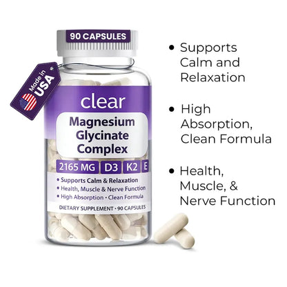 Bottle of Clear Magnesium Glycinate Complex supplement with capsules on a white background