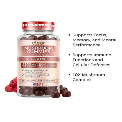 Bottle of clear Mushroom Gummies with text on a white background