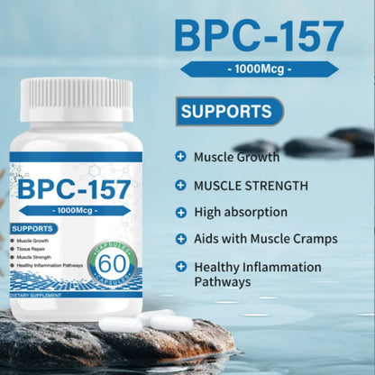 BPC-157 supplement bottle with product details on a blue background