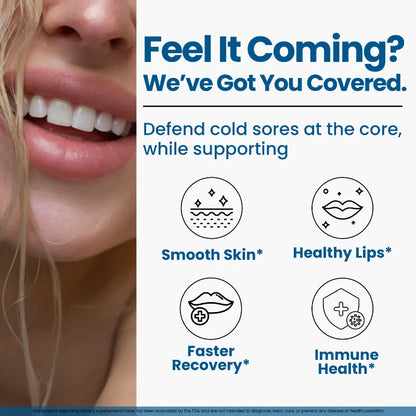 Advertisement for a product to defend against cold sores with text and icons on a blue background.