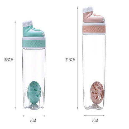 Two water bottles with different colored lids and infusers, shown with measurements on a white background.