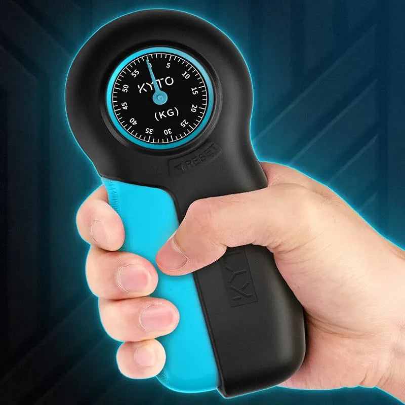 Hand holding a black and blue hand dynamometer with 'KYTO' branding on a blue background