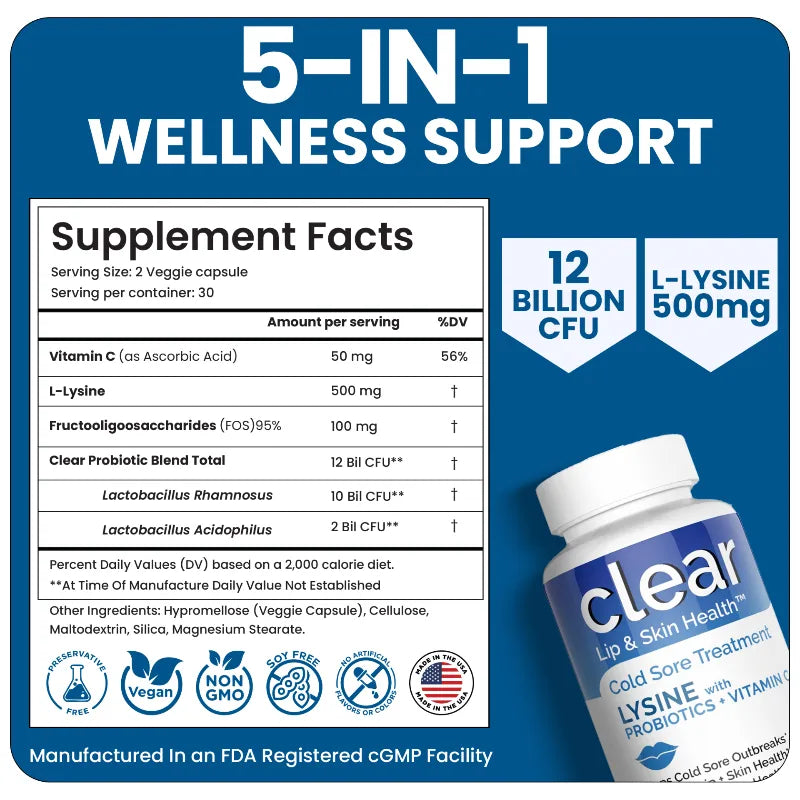 Supplement label for 'Clear Lip & Skin Health' with 5-in-1 wellness support on a blue background.