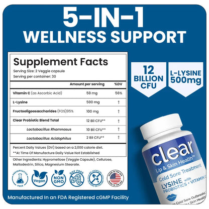Supplement label for 'Clear Lip & Skin Health' with 5-in-1 wellness support on a blue background.