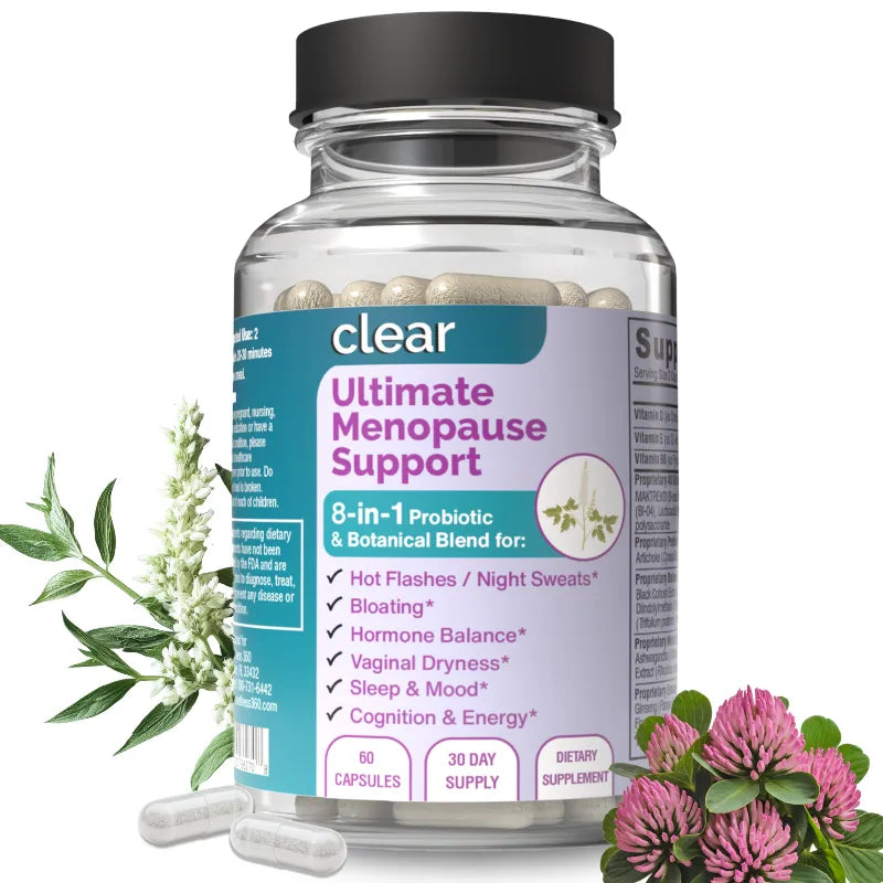 Bottle of 'Ultimate Menopause Support' with herbs on a white background