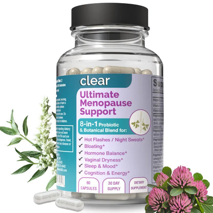 Bottle of 'Ultimate Menopause Support' with herbs on a white background