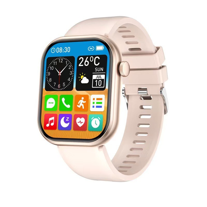 Smartwatch with a light beige strap on a white background