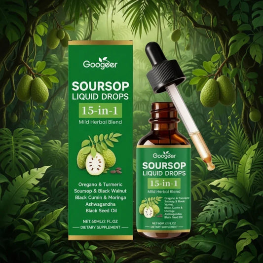 Googer Soursop Liquid Drops 15-in-1 dietary supplement shown with its green product box and amber dropper bottle against a lush tropical jungle background with green leaves and fruit.