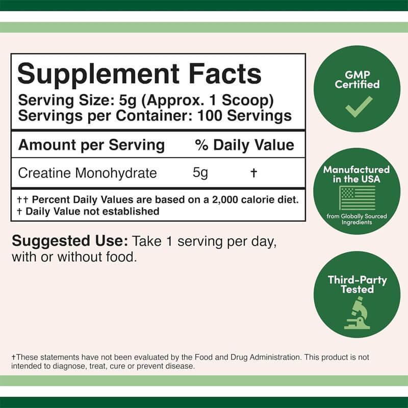 Creatine monohydrate supplement facts label, GMP certified, USA made, third-party tested.