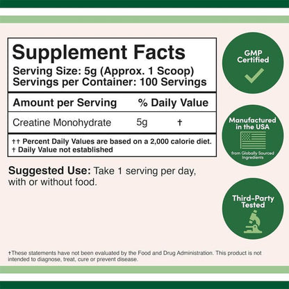 Creatine monohydrate supplement facts label, GMP certified, USA made, third-party tested.