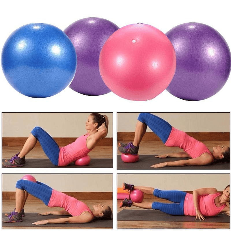 Set of exercise balls in blue, purple, and pink with a woman demonstrating exercises using them.