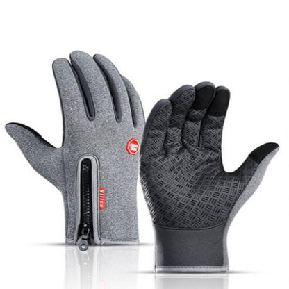 Gray fitness gloves with black non-slip grip and zipper closure, ideal for outdoor workouts