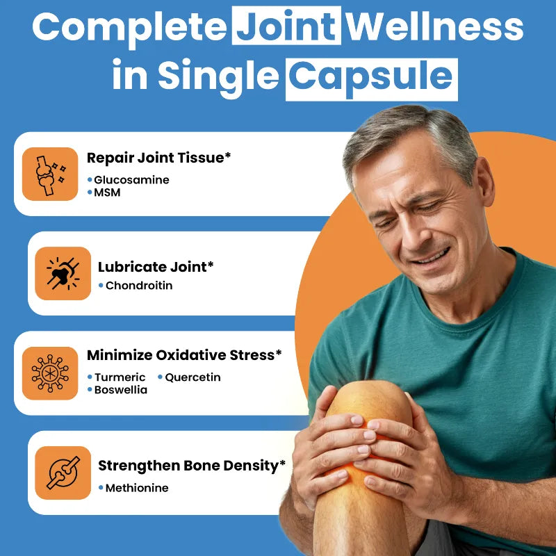 Advertisement for a joint wellness supplement with a man holding his knee and text listing benefits on a blue and orange background.