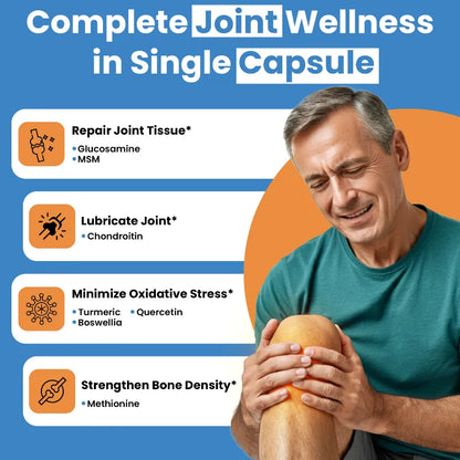 Advertisement for a joint wellness supplement with a man holding his knee and text listing benefits on a blue and orange background.