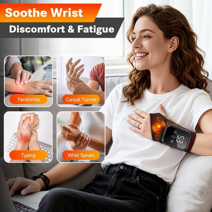 Woman using a wrist device to soothe discomfort and fatigue with text on wrist conditions.