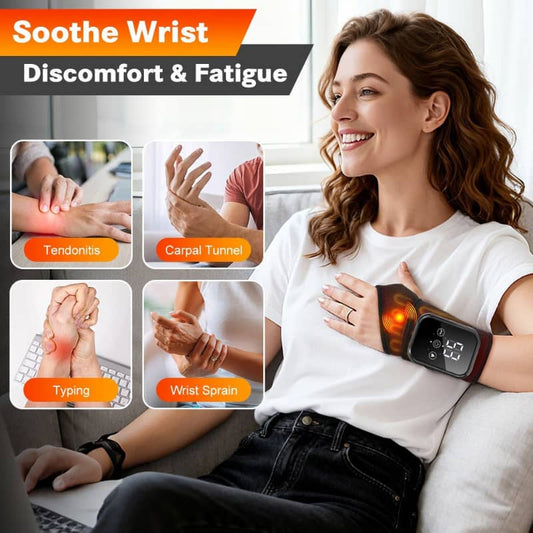 Woman using a wrist device to soothe discomfort and fatigue with text on wrist conditions.