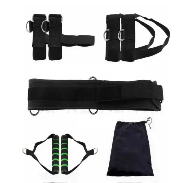 Set of black exercise straps and resistance bands with a drawstring bag on a white background