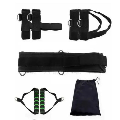 Set of black exercise straps and resistance bands with a drawstring bag on a white background