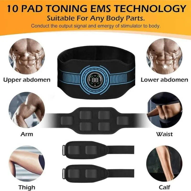EMS technology belt with attachments for different body parts on a yellow background