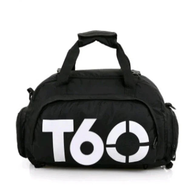 Black gym duffle bag with side pockets and bold T60 logo, ideal for fitness and travel
