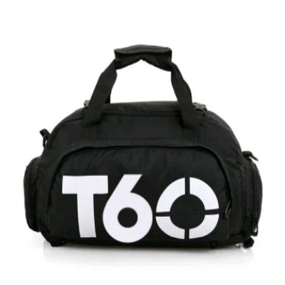 Black gym duffle bag with side pockets and bold T60 logo, ideal for fitness and travel