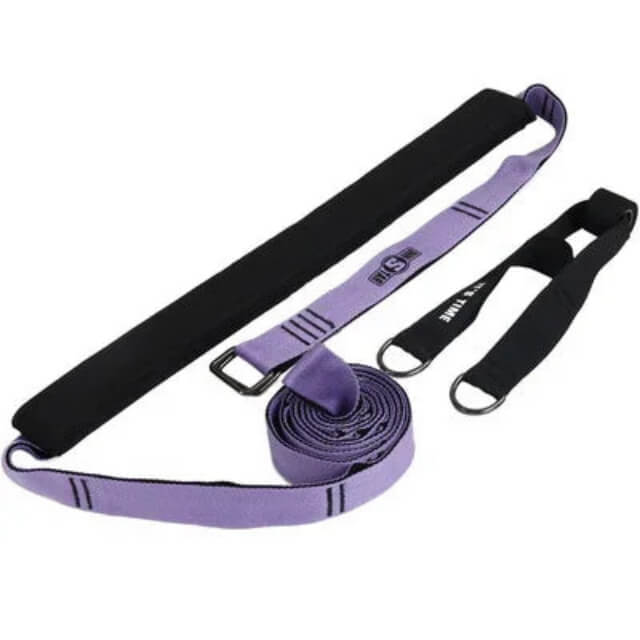 Purple adjustable yoga stretch strap set with metal D-rings and padded handles on white background