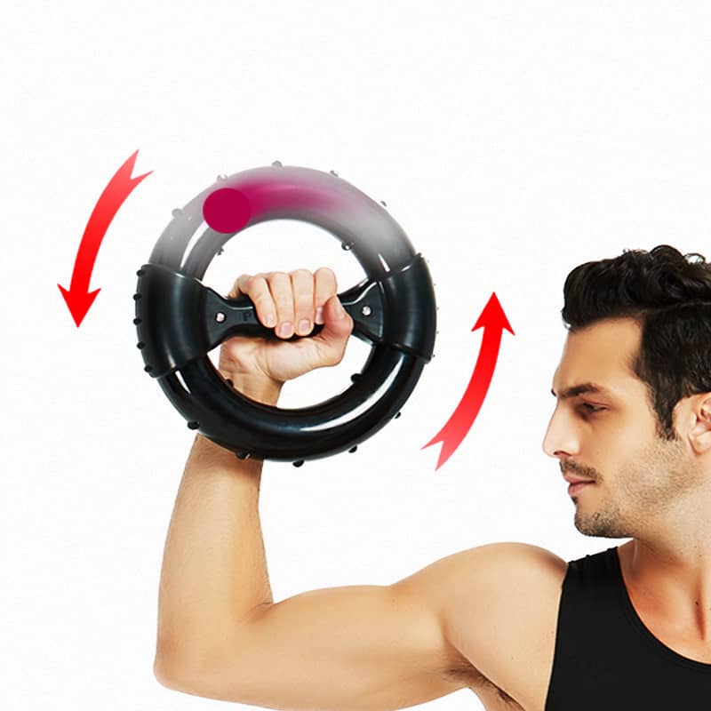Man using an ab wheel with arrows indicating movement on a white background