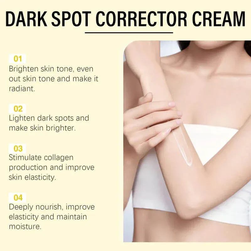 Advertisement for dark spot corrector cream with text and a person applying the cream.